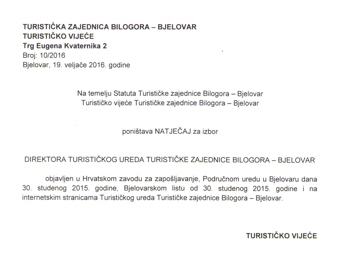 Poništenje natječaja za izbor direktora turističke zajednice Bilogora-Bjelovar